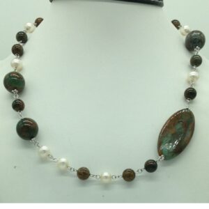 Freshwater cream pearls and melagite silver chain set jnc0095