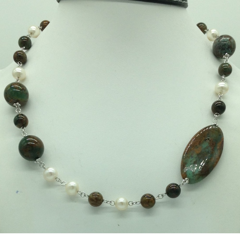 Freshwater cream pearls and melagite silver chain set jnc0095