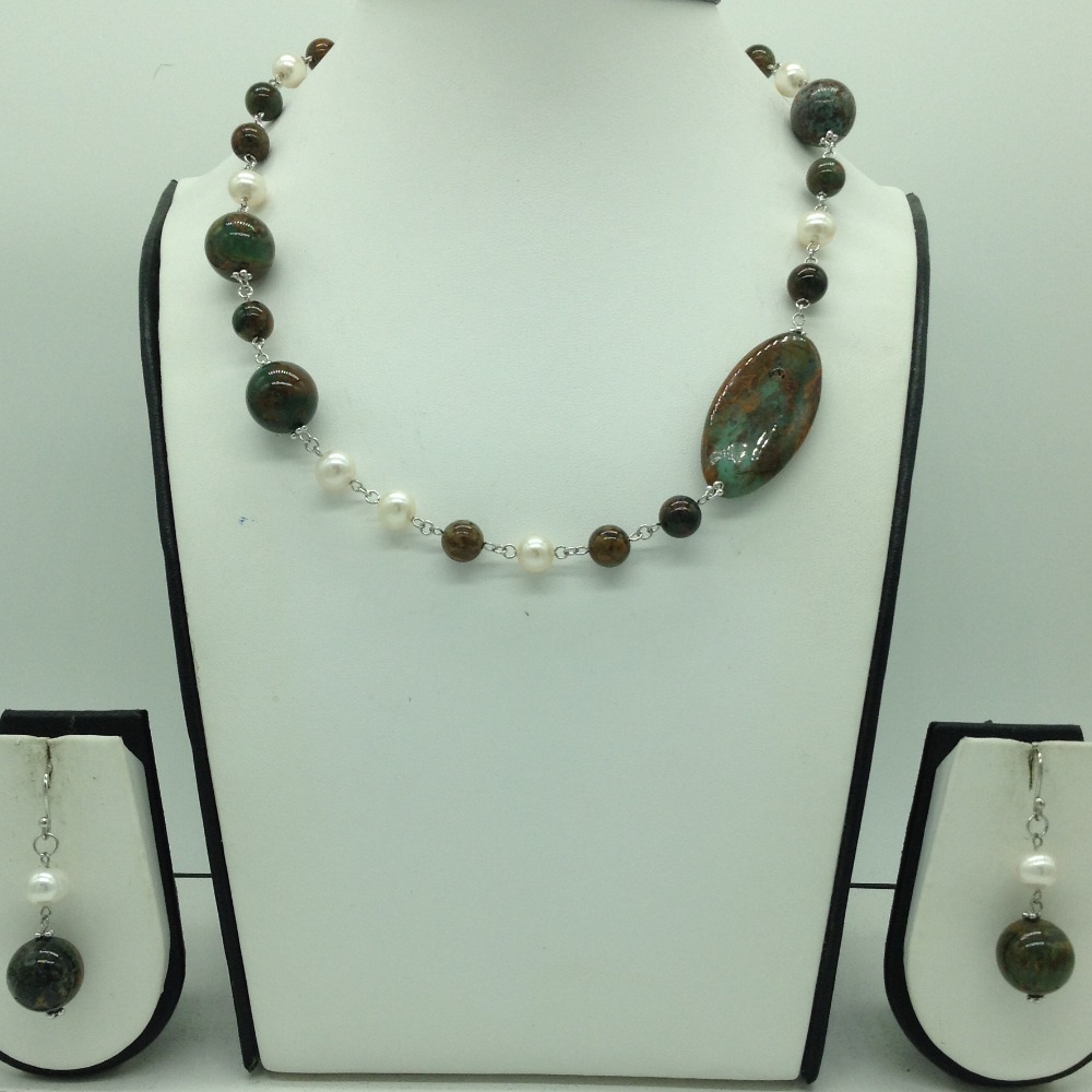 Freshwater cream pearls and melagite silver chain set jnc0095