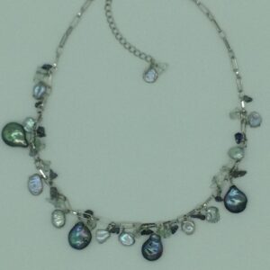 Freshwater grey pearls and aquamarine silver chain set jnc0093
