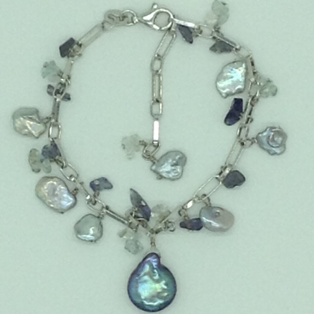 Freshwater grey pearls and aquamarine silver chain set jnc0093
