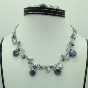 Freshwater grey pearls and aquamarine silver chain set jnc0093
