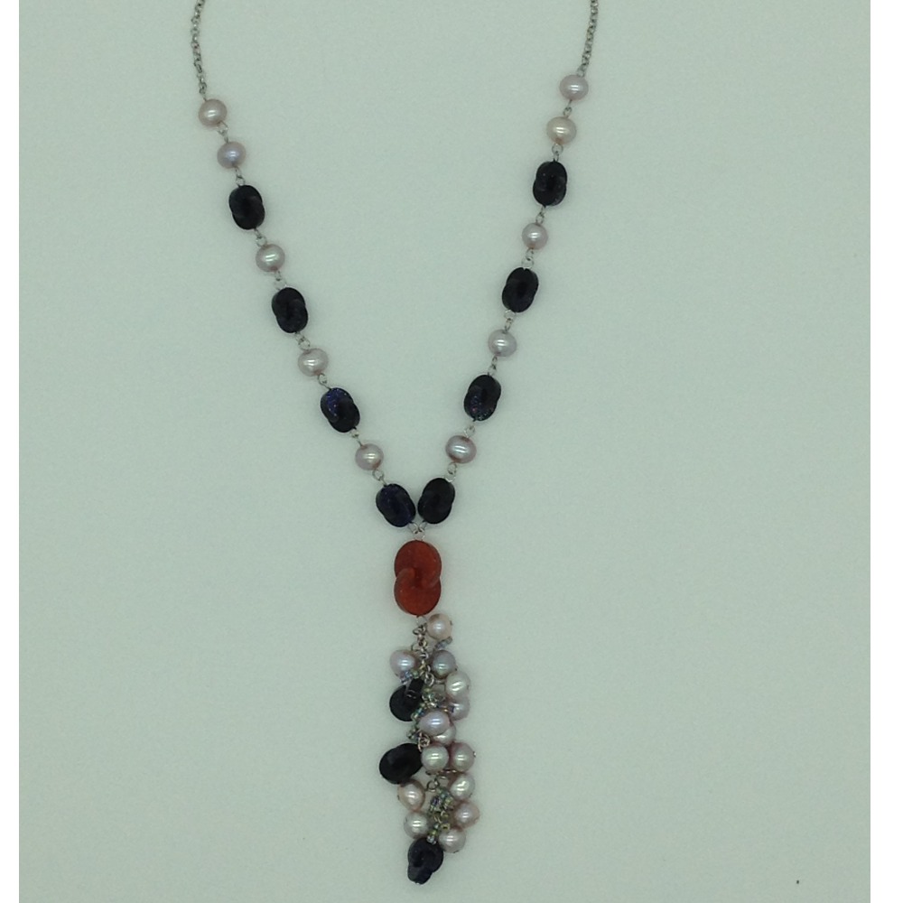 Freshwater pink pearls and blue sandstone silver chain set jnc0091