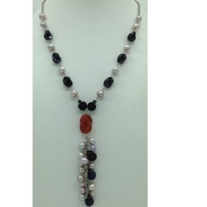 Freshwater pink pearls and blue sandstone silver chain set jnc0091