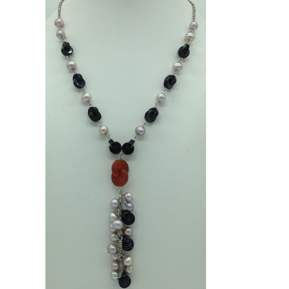 Freshwater pink pearls and blue sandstone silver chain set jnc0091