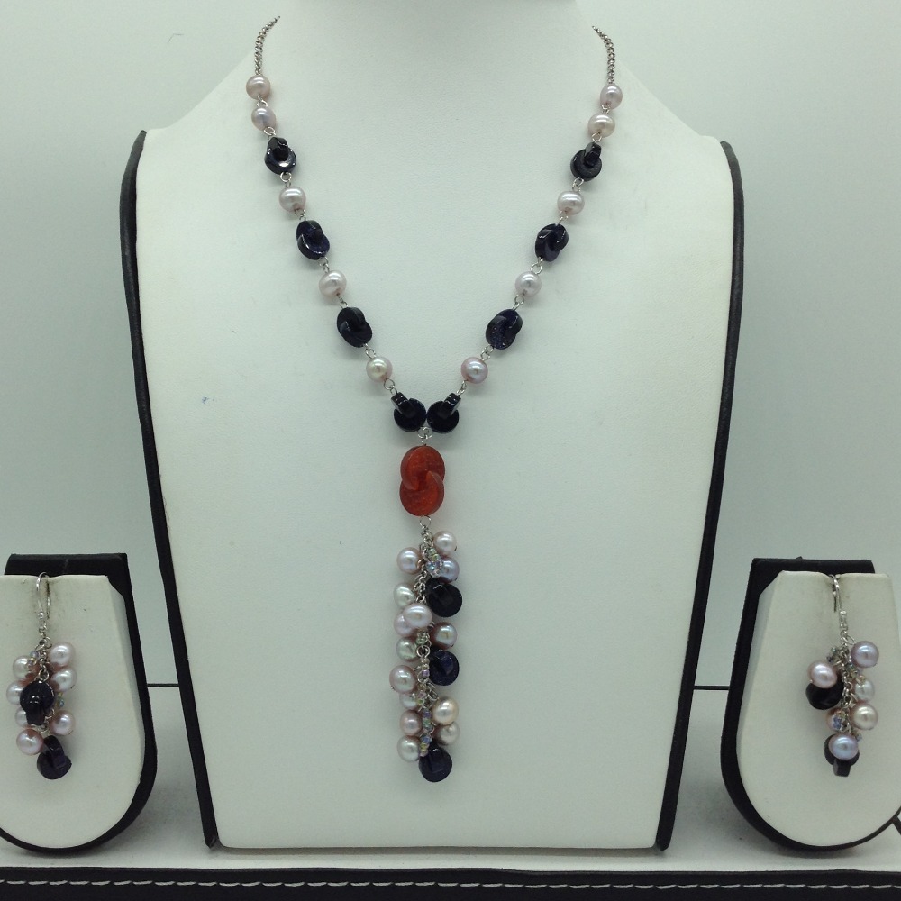 Freshwater pink pearls and blue sandstone silver chain set jnc0091