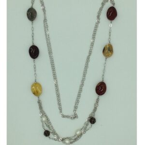 Freshwater white pearls and semi tumbles silver chain jnc0090