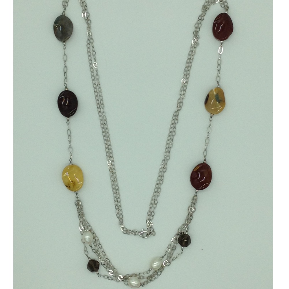 Freshwater white pearls and semi tumbles silver chain jnc0090