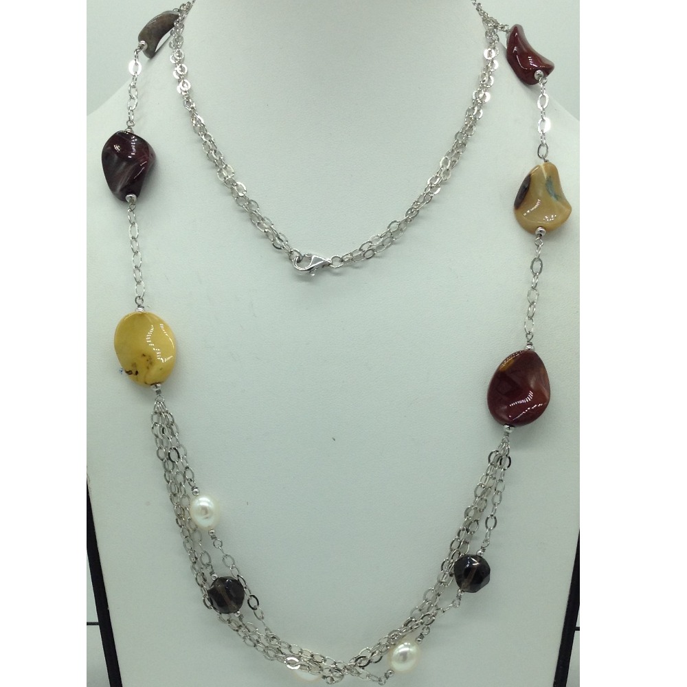 Freshwater white pearls and semi tumbles silver chain jnc0090