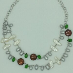 Freshwater pearls and green cz silver chain set jnc0089