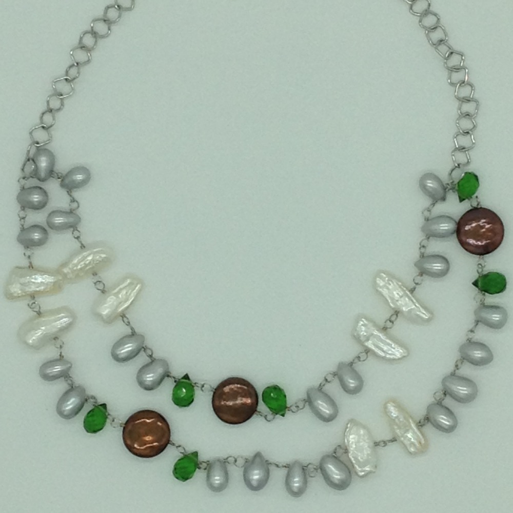 Freshwater pearls and green cz silver chain set jnc0089