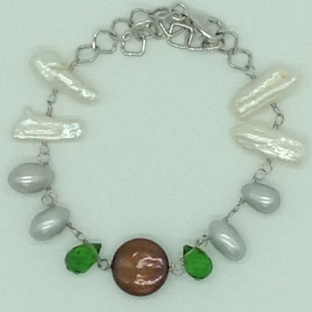 Freshwater pearls and green cz silver chain set jnc0089