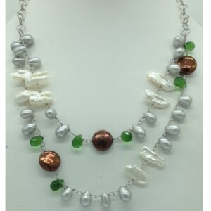 Freshwater pearls and green cz silver chain set jnc0089