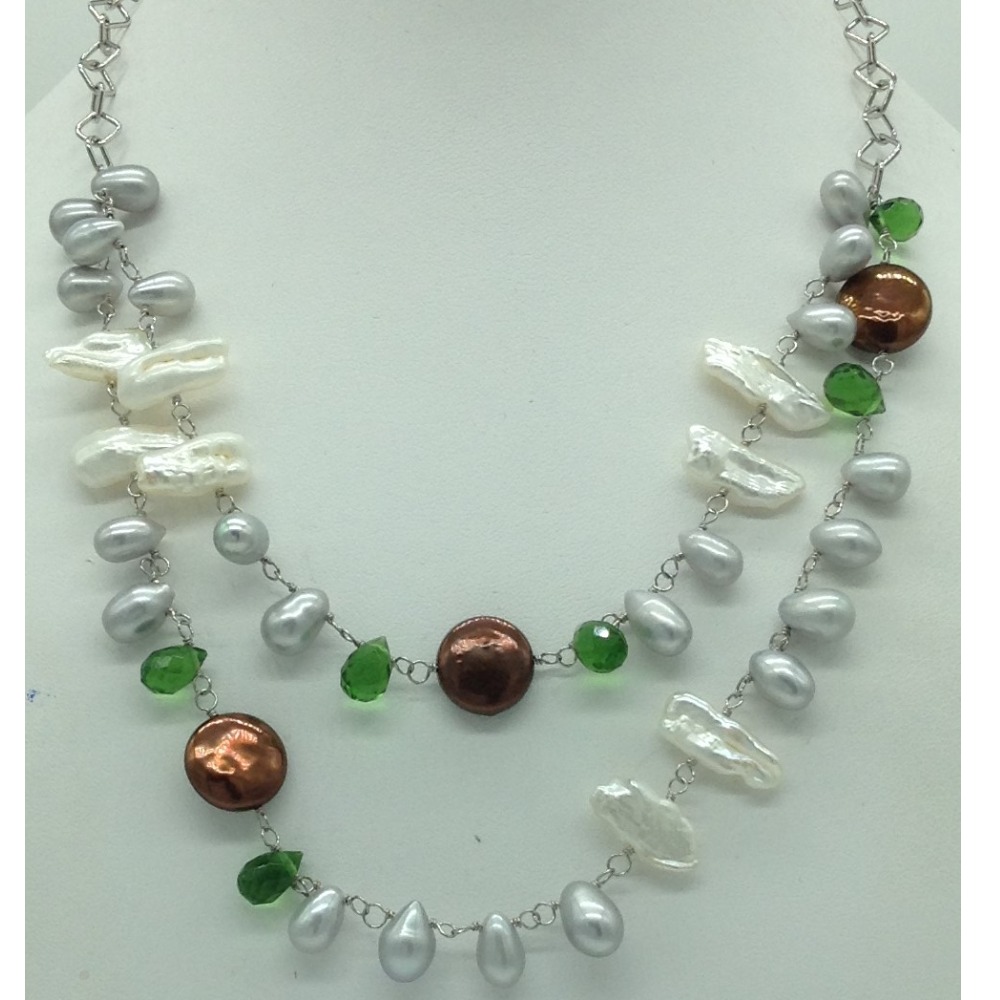 Freshwater pearls and green cz silver chain set jnc0089
