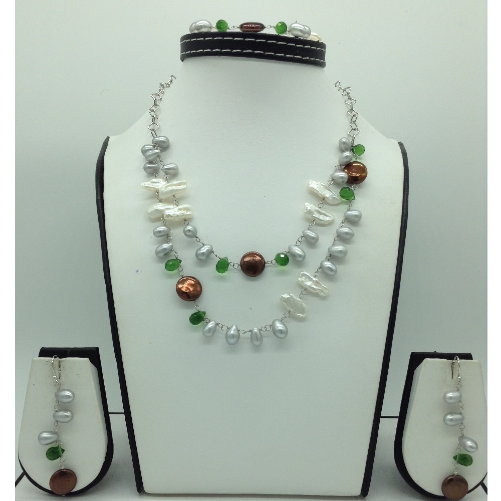 Freshwater pearls and green cz silver chain set jnc0089