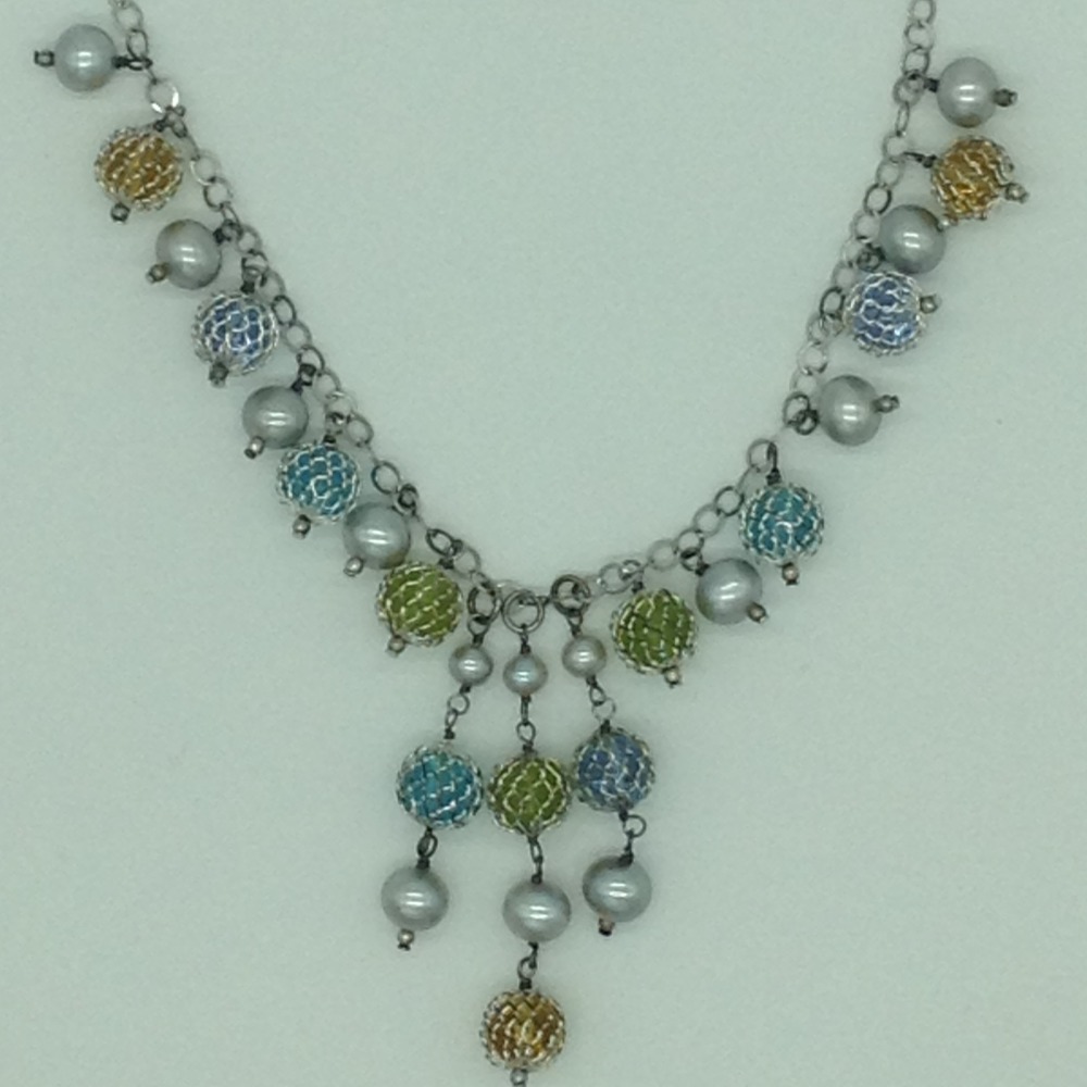 Freshwater grey pearls and semi beeds silver chain set jnc0088