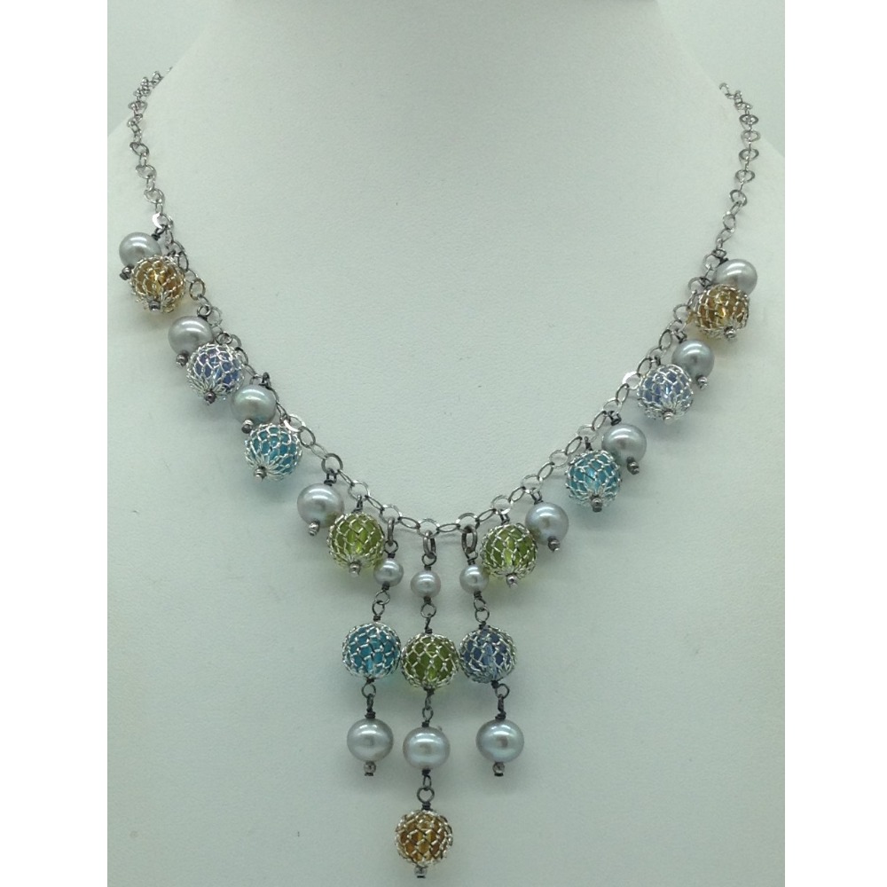 Freshwater grey pearls and semi beeds silver chain set jnc0088