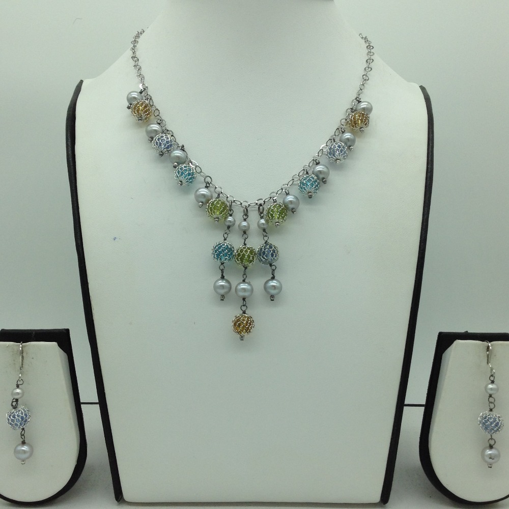 Freshwater grey pearls and semi beeds silver chain set jnc0088