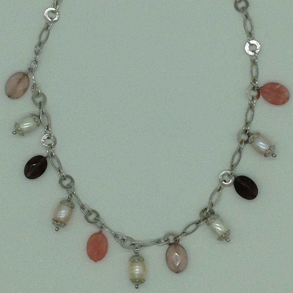 Freshwater white pearls and semi drops silver chain set jnc0086
