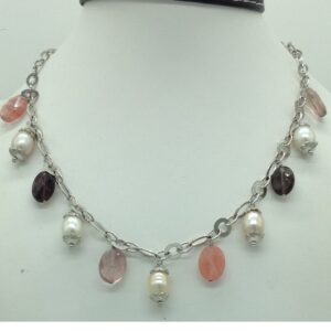 Freshwater white pearls and semi drops silver chain set jnc0086