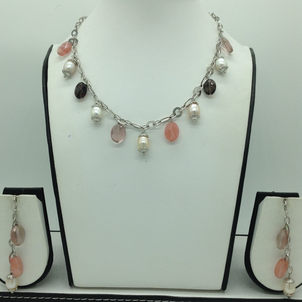 Freshwater white pearls and semi drops silver chain set jnc0086