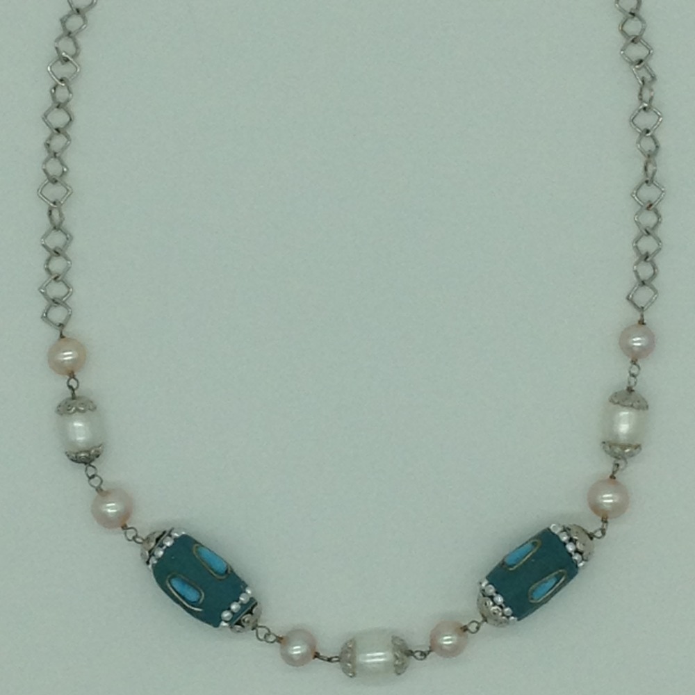 Freshwater white,pink pearls and turquoise silver chain set jnc0085