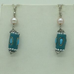 Freshwater white,pink pearls and turquoise silver chain set jnc0085