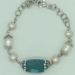 Freshwater white,pink pearls and turquoise silver chain set jnc0085