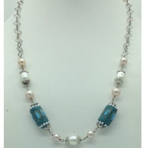 Freshwater white,pink pearls and turquoise silver chain set jnc0085