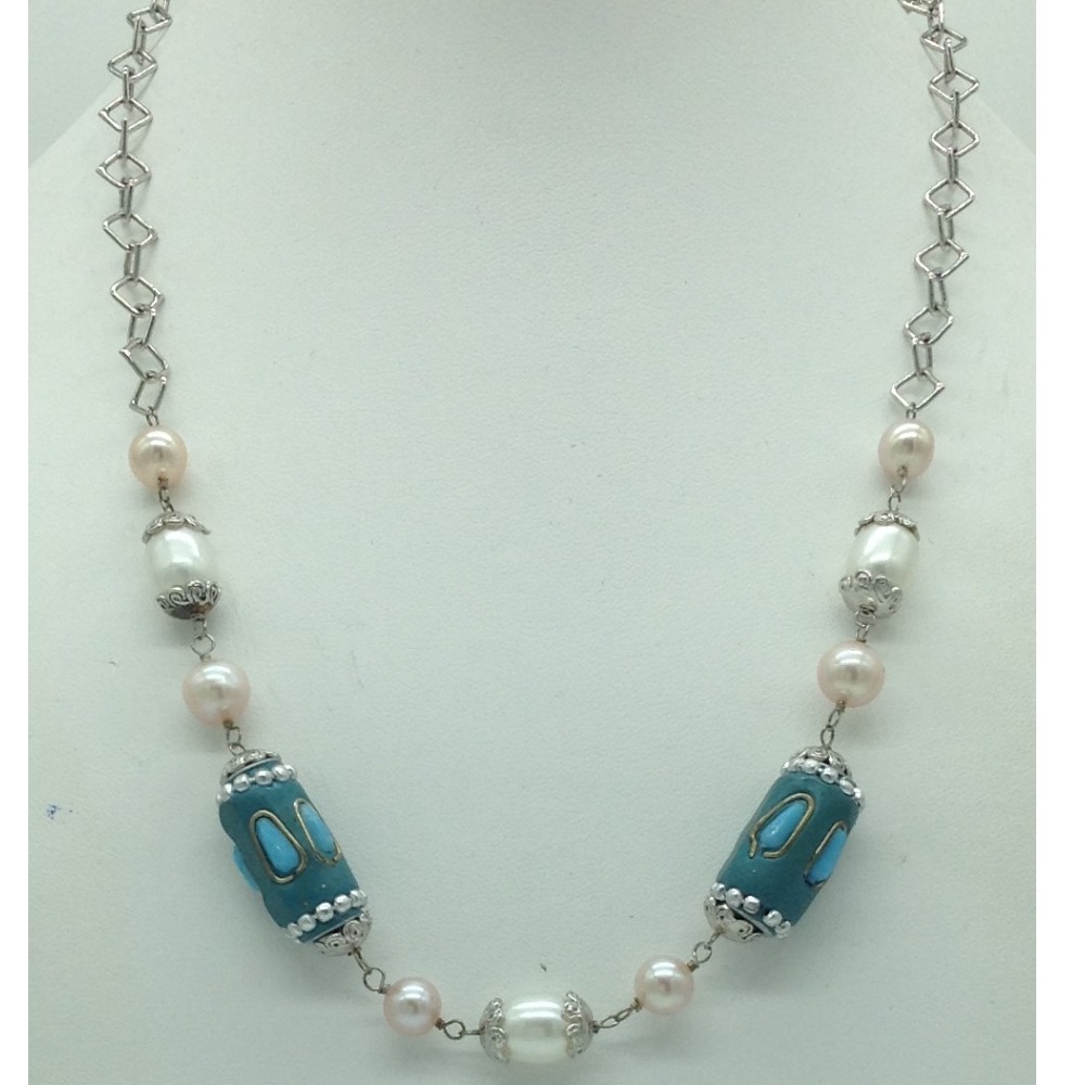 Freshwater white,pink pearls and turquoise silver chain set jnc0085