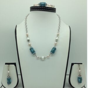 Freshwater white,pink pearls and turquoise silver chain set jnc0085