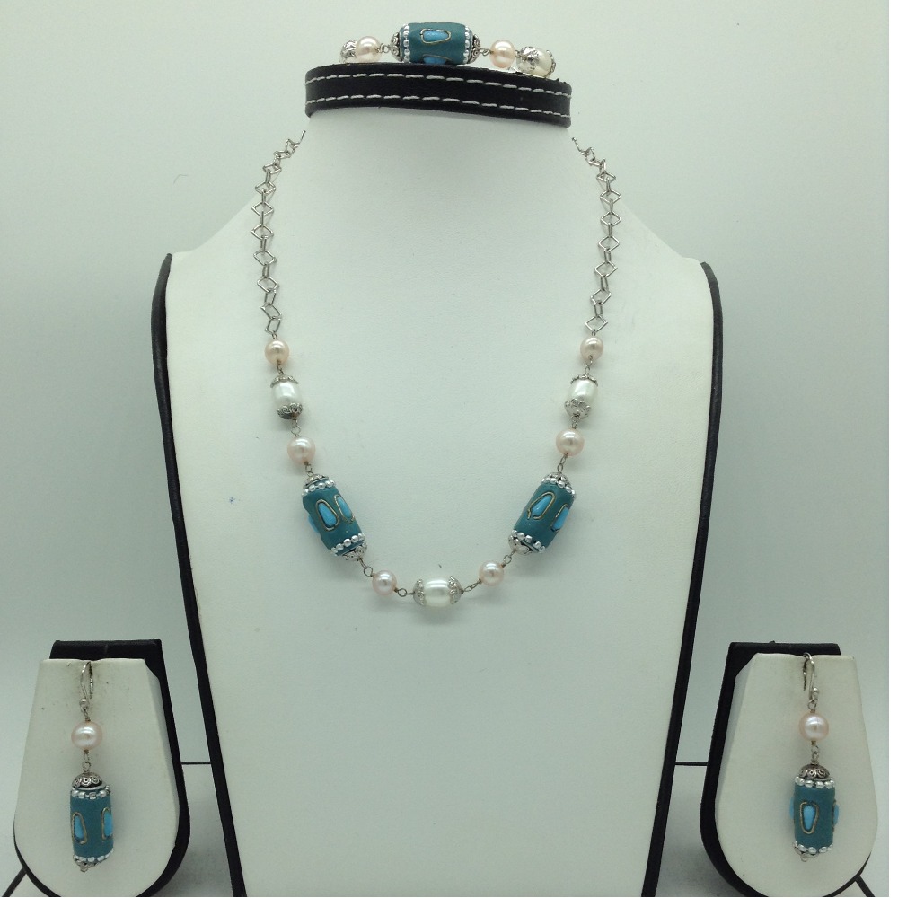 Freshwater white,pink pearls and turquoise silver chain set jnc0085