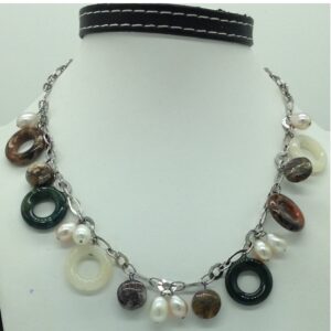 Freshwater white,pink pearls and semi rings silver chain jnc0084