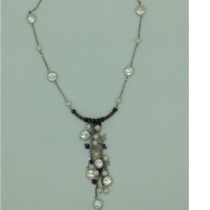 Freshwater white pearls and semi chips silver chain jnc0082