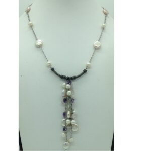 Freshwater white pearls and semi chips silver chain jnc0082