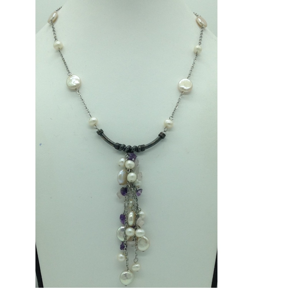 Freshwater white pearls and semi chips silver chain jnc0082