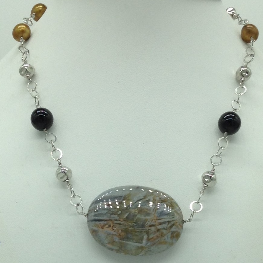 Freshwater brown pearls and black semi silver chain set jnc0081