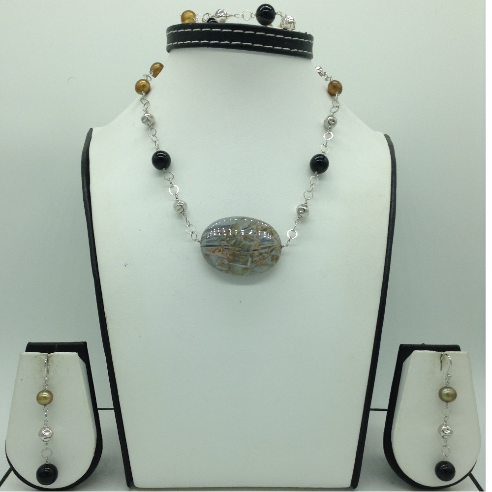 Freshwater brown pearls and black semi silver chain set jnc0081