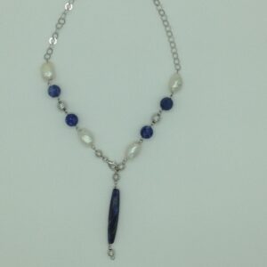 Freshwater white pearls and lapis lazuli silver necklace set jnc0080