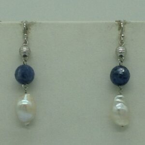 Freshwater white pearls and lapis lazuli silver necklace set jnc0080