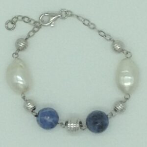 Freshwater white pearls and lapis lazuli silver necklace set jnc0080