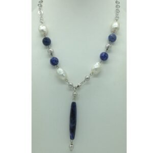 Freshwater white pearls and lapis lazuli silver necklace set jnc0080