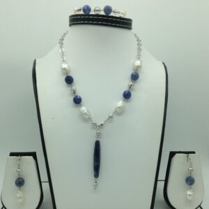 Freshwater white pearls and lapis lazuli silver necklace set jnc0080