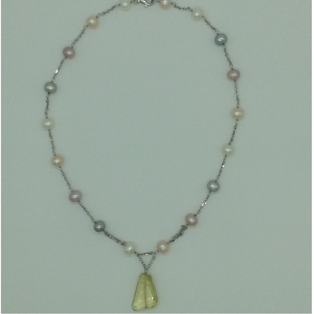 Freshwater multicolour pearls and citrine silver chain set jnc0079