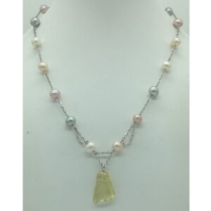 Freshwater multicolour pearls and citrine silver chain set jnc0079
