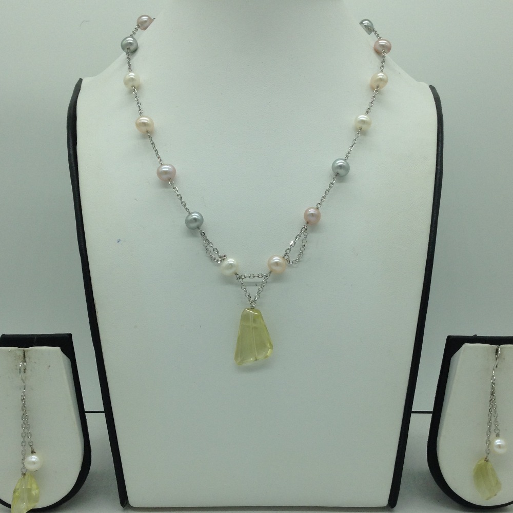 Freshwater multicolour pearls and citrine silver chain set jnc0079