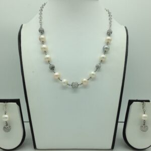 Freshwater pink pearls silver chain set jnc0078