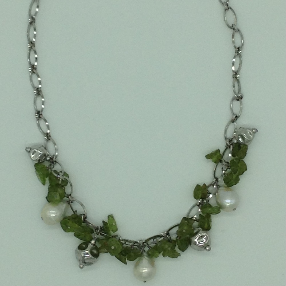 Freshwater white pearls and peridot silver necklace set jnc0077