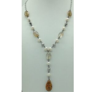 Freshwater white pearls and golden drops silver necklace set jnc0074