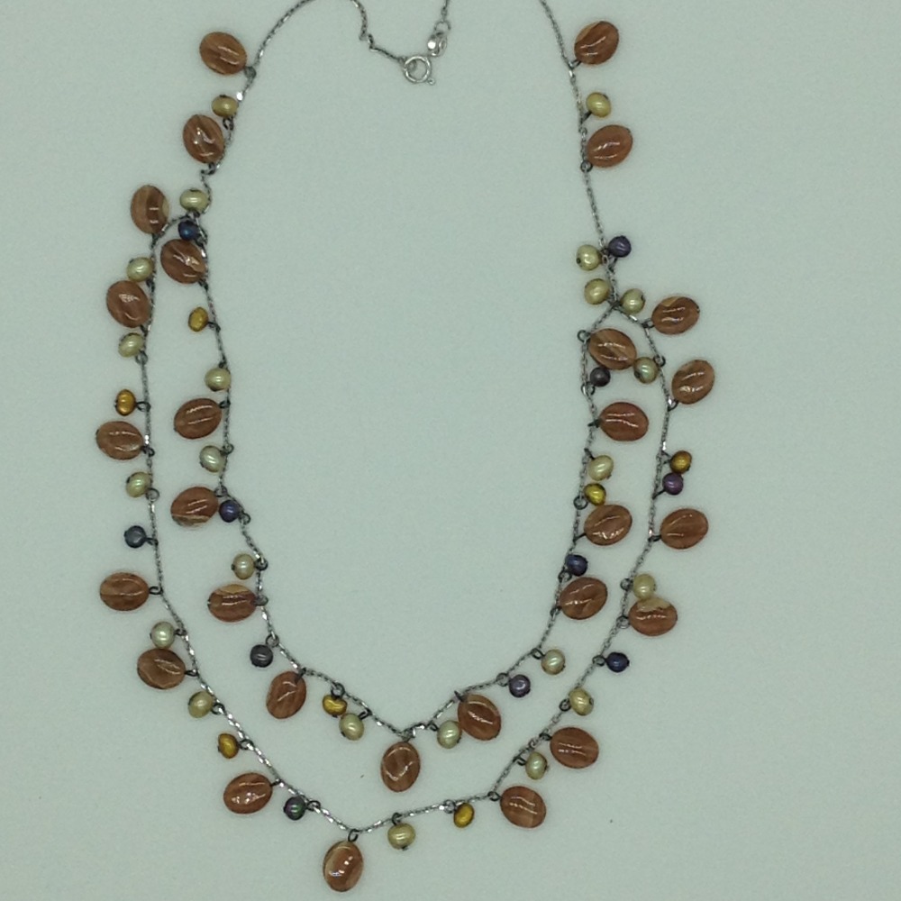 Freshwater pearls and brown semi drops silver necklace set jnc0073
